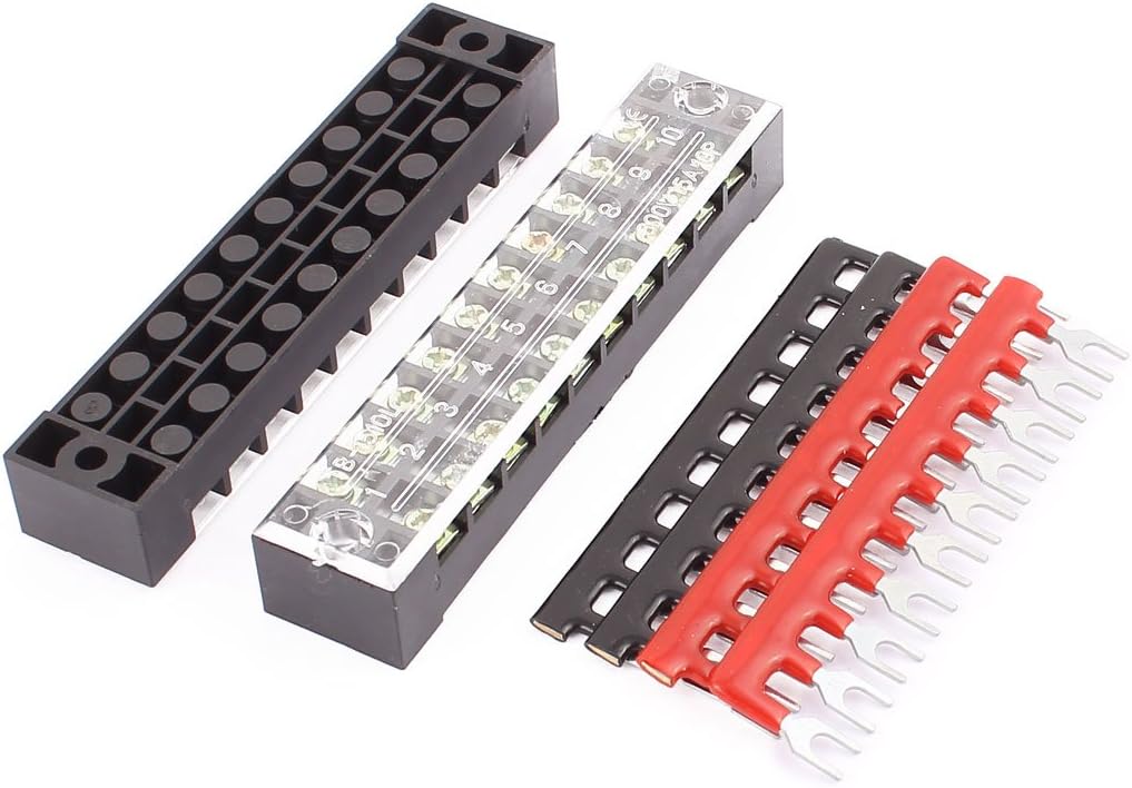 2 Pcs 600V 15A 10P Dual Row Barrier Terminal Block Wire Connector Bar + 4 x Terminal Stripes