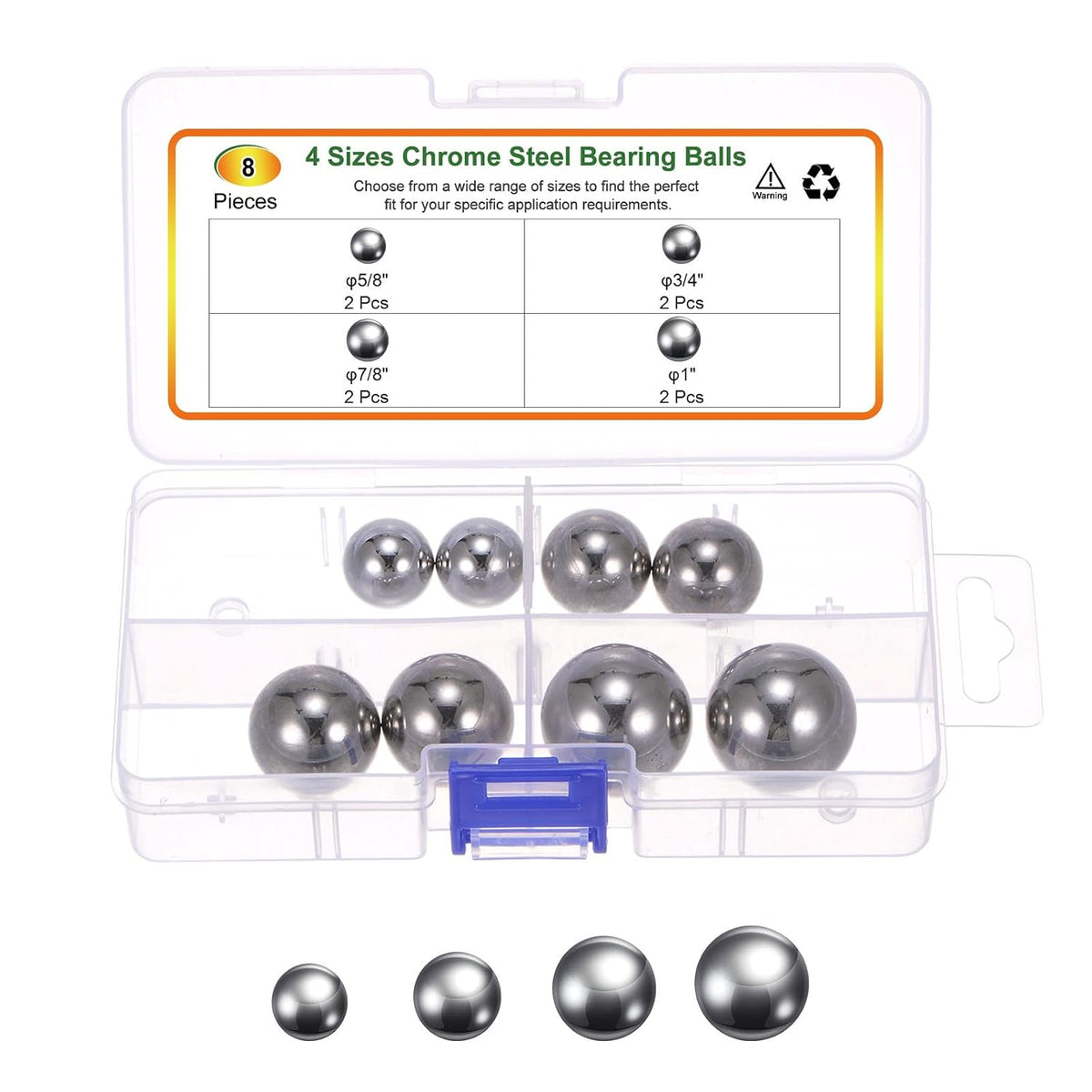 8pcs G10 Precision Balls Assortment Kit 5/8" 3/4" 7/8" 1" Chrome Steel Solid Bearing Balls