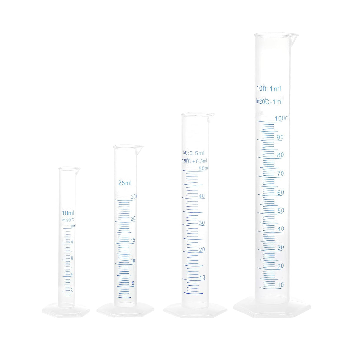 Plastic Graduated Cylinder, 10ml 25ml 50ml 100ml Measuring Cylinder, Double-Sided Metric Marking, Clear Hex Base, 4 in 1 Set