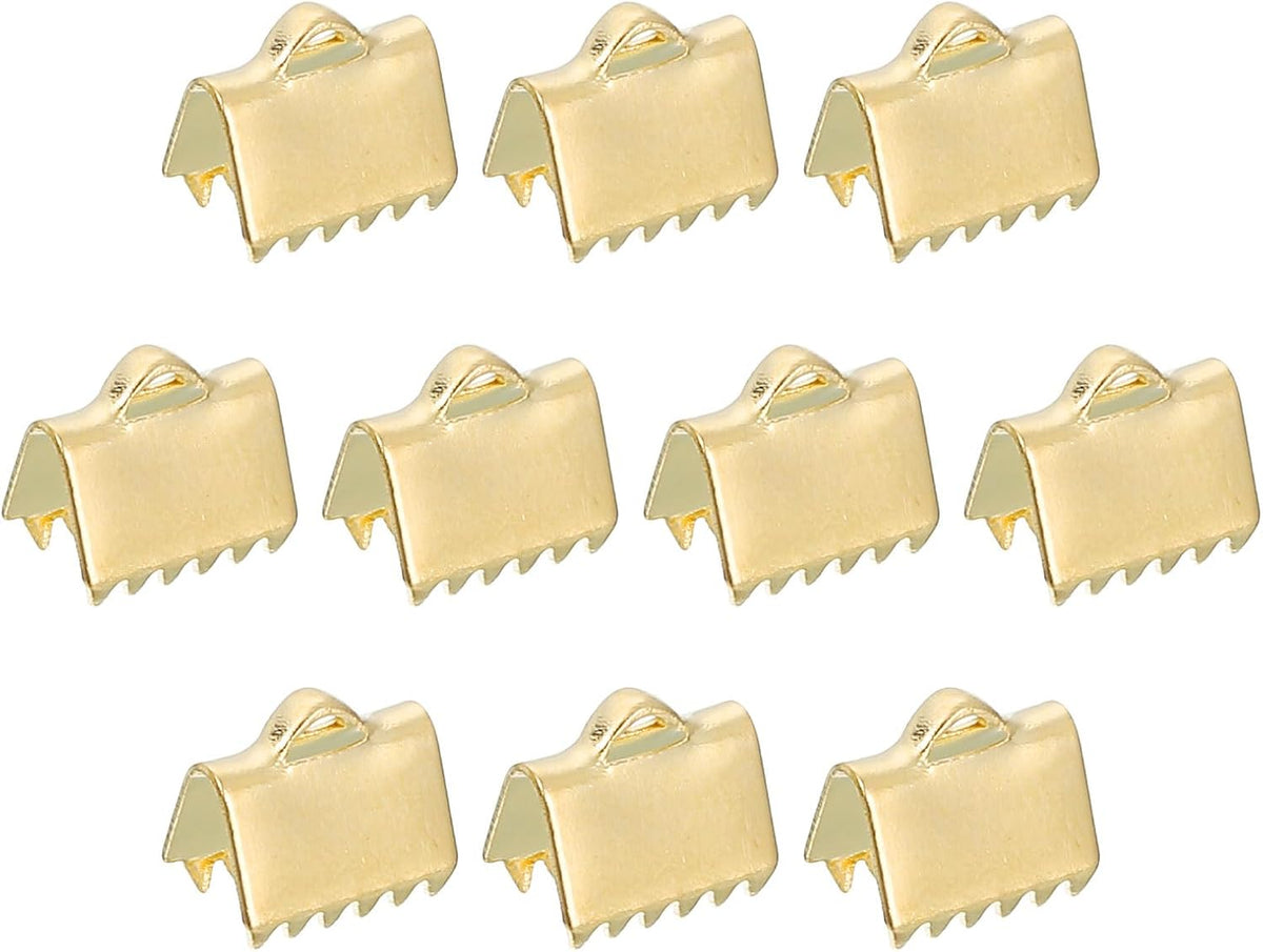 LinkMejor 20Pcs 8.5mm Ribbon Crimp Clamp Ends, Stainless Steel Bookmark Pinch Crimp Ends, Clamps Cord Ends Fasteners for Bracelet Necklace Jewelry Making, Gold