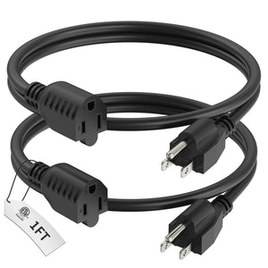 LinkMejor 1 Fod Forlængelseskabel | 2-Pack Kort Strømkabel, Indendørs/ Udendørs 16 Gauge 3 Spids Jorden Kabel ETL Listet, 13A 1625W 125V SJTW, Sort