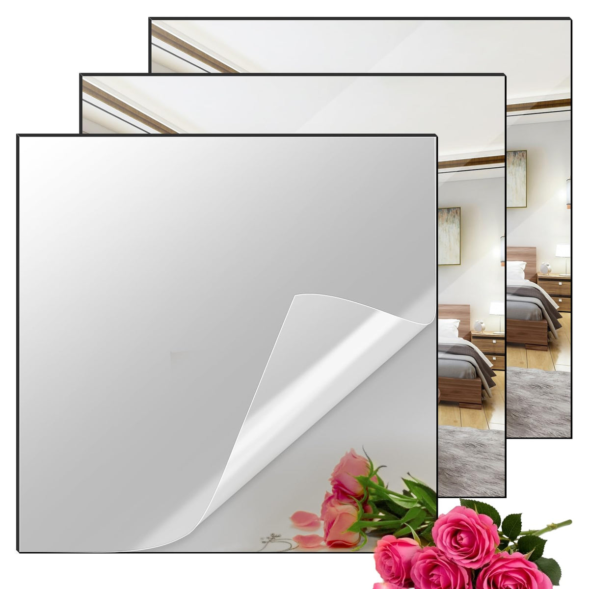 LinkMejor Silver Acrylique Feuilles de Miroir 1/8 Épais, 3Pack 8" x 8"