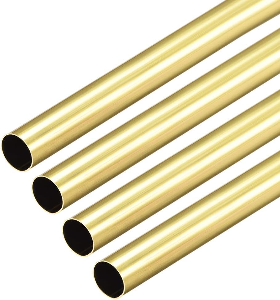 Brass Round Tube, 300mm Length 7mm OD 0.2mm Wall Thickness, Seamless Straight Pipe Tubing 4 Pcs