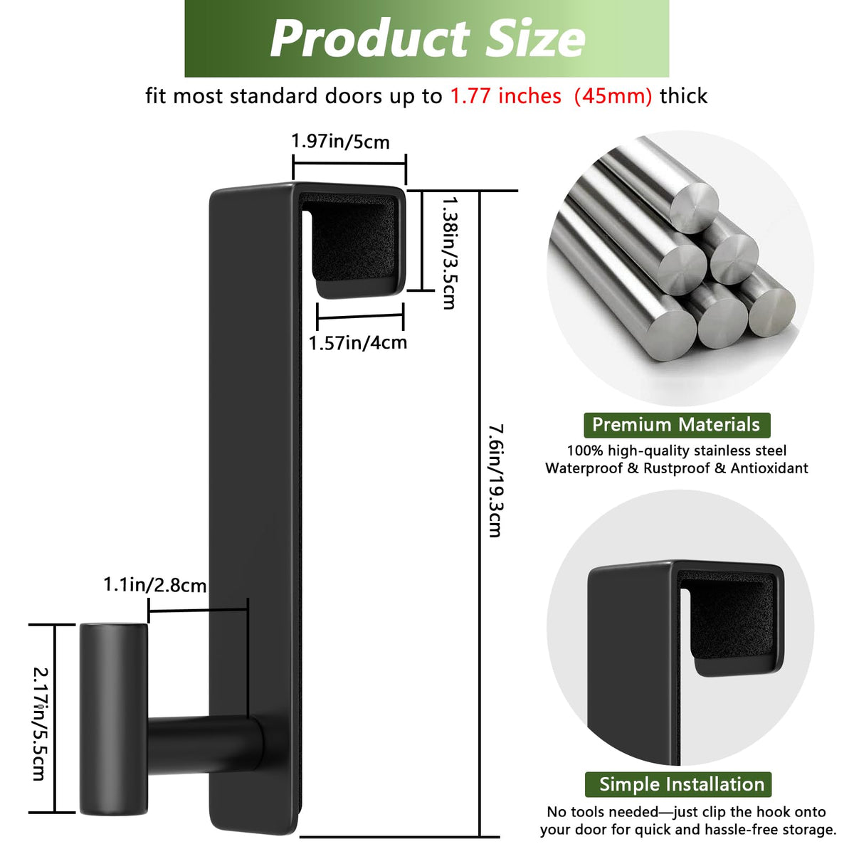 LinkMejor Stainless Steel Over The Door Hooks Heavy Duty, Bathroom Towel Holder Door Mount Coat Rack Towel Rack for Bedroom, Doors Hangers Towel Hooks for Bathroom Dorm Essentials (Black, 2 Pack)