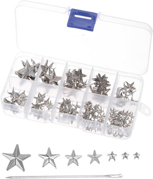 120PCS Metal Star Studs Claw 5-Claw Silver Tone Hand Pressed Punk Studs Claw Beads Rivets Studs Cap Nail Head with Large Eye Needles for DIY Leather Clothing Bag Shoes