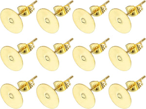 20Pcs Stud Earring Posts, 8mm Stainless Steel Flat Pad Ear Pin with Butterfly Earring Backs for Jewelry DIY Making Findings, Gold