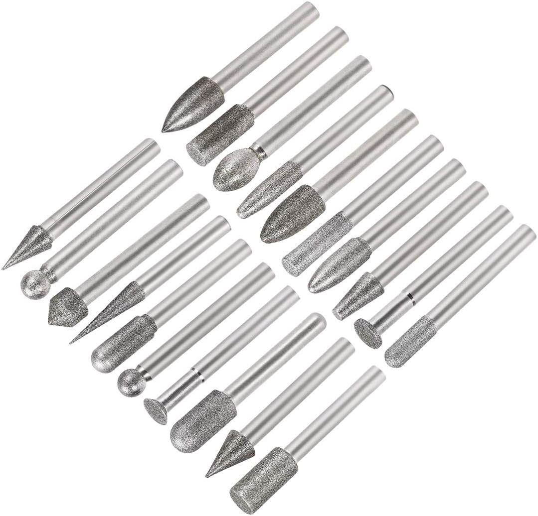 Diamond Burrs Bits Sets Grinding Drill Kits Carving Rotary Tool for Glass Stone Ceramic 150 Grit 1/4" Shank 6mm 8mm 10mm 20 Pcs