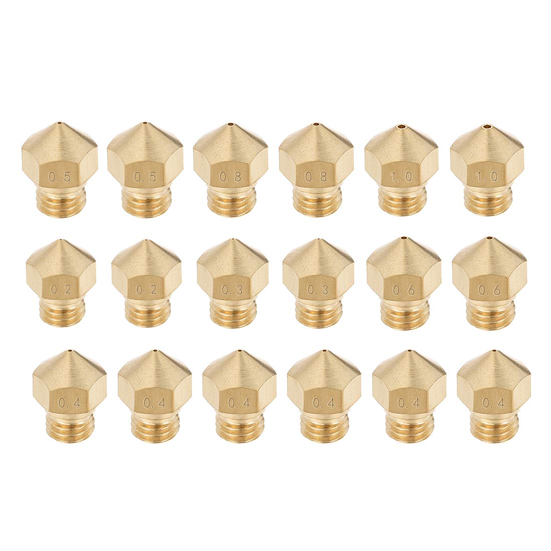 18pcs 3D Printer Nozzle,Brass MK10 Nozzle 0.2mm,0.3mm,0.4mm,0.5mm,0.8mm,1mm,Extruder Print Head for 1.75mm Filament M7 3D Printer