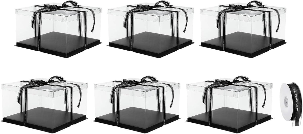 Clear Cake Box, 6Pcs 12"x12"x7" - Tall Cake Boxes with Ribbon for 10 Inch Cake Packing Carry - for Birthday Parties, Wedding (Black)