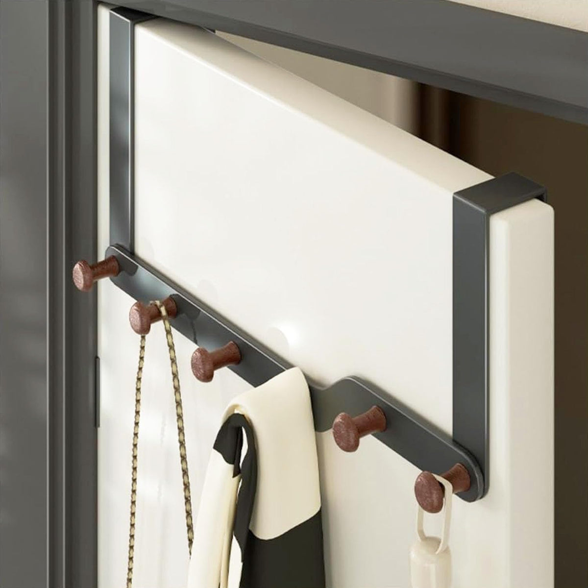 LinkMejor Over The Door Hooks Hanger for Clothes with 6 Wooden Hook，Over The Coat Hanger Hanging Coats Towel Rack for Towels, Clothes, Back of Bathroom Bedroom（Off White） (Brownish Black)