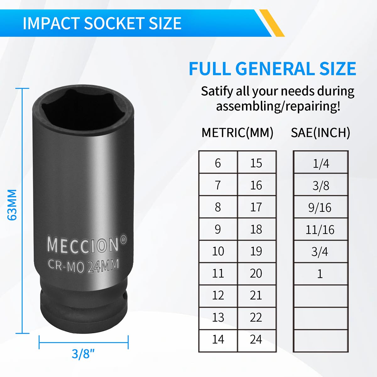 LinkMejor 3/8 Zoll Antrieb Impact Socket 9mm Metrisch, 6 Punkt Cr-Mo Tief Socket, 63mm Länge