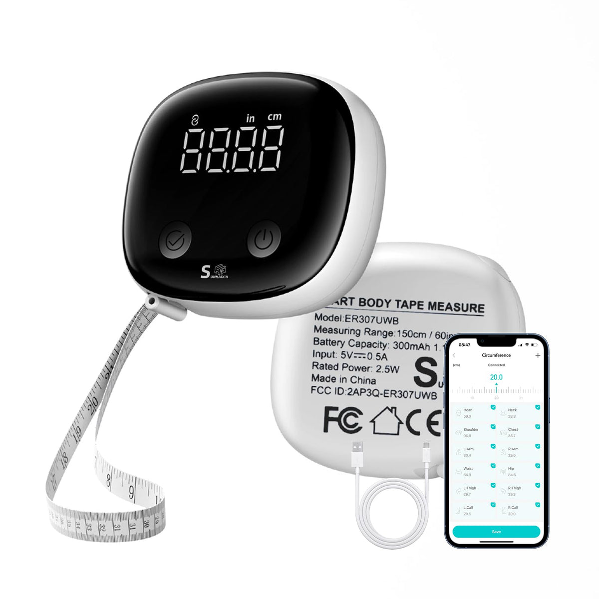 Tape à Mesurer Corporelle, Télescopique Numérique Bluetooth avec Écran LED, Type-C