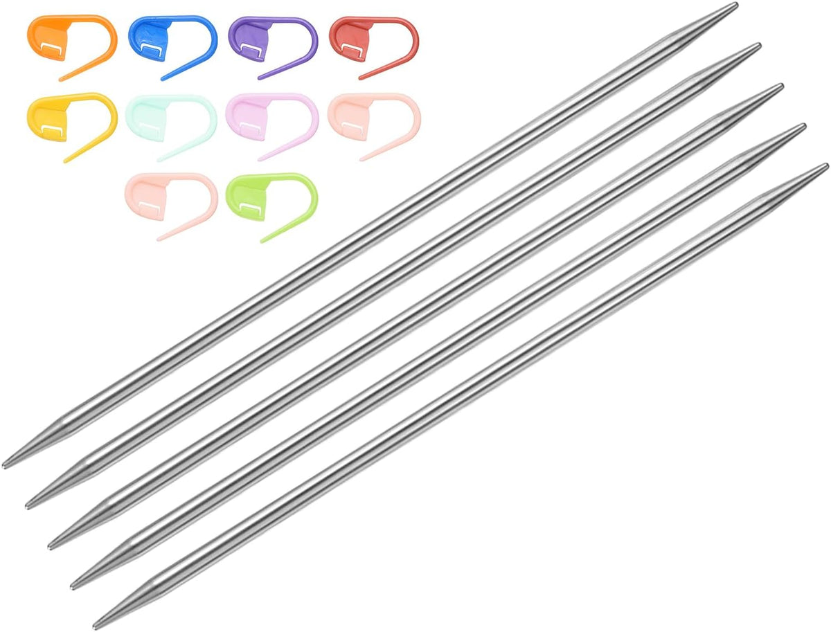 5Pcs Knitting Needle Size US 6(4mm) 6 Inches (15cm) Length Stainless Steel Double Pointed Sweater Stitching Needles with 10 Colorful Stitch Markers for Handmade Projects DIY