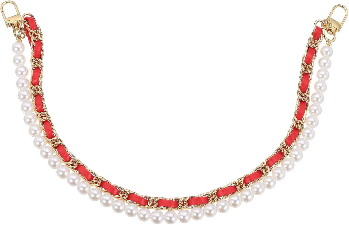 LinkMejor 17.7" Pearl Purse Double Chain, Metal Purse Extender Chain, PU Leather Double Handle Wrist Chain, Purse Handbag Strap Replacement Chain, (Red, Gold Chain)