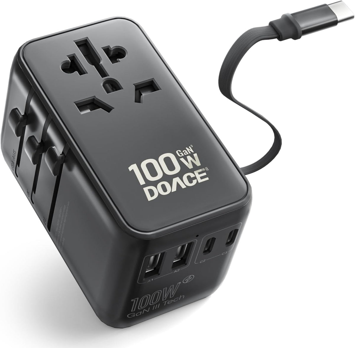 LinkMejor 100W GaN Adattatore Universale per Viaggi con Cablo USB-C