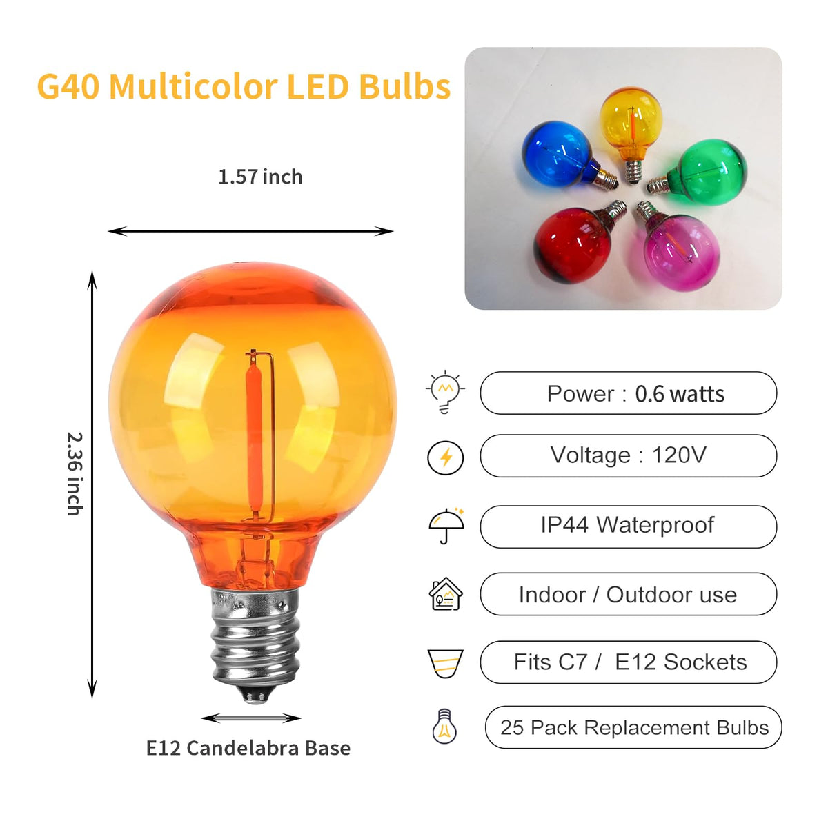 LinkMejor G40 Luminari de Replacare LED, 0.6W Glob Multicolor, Bază E12, 25PK