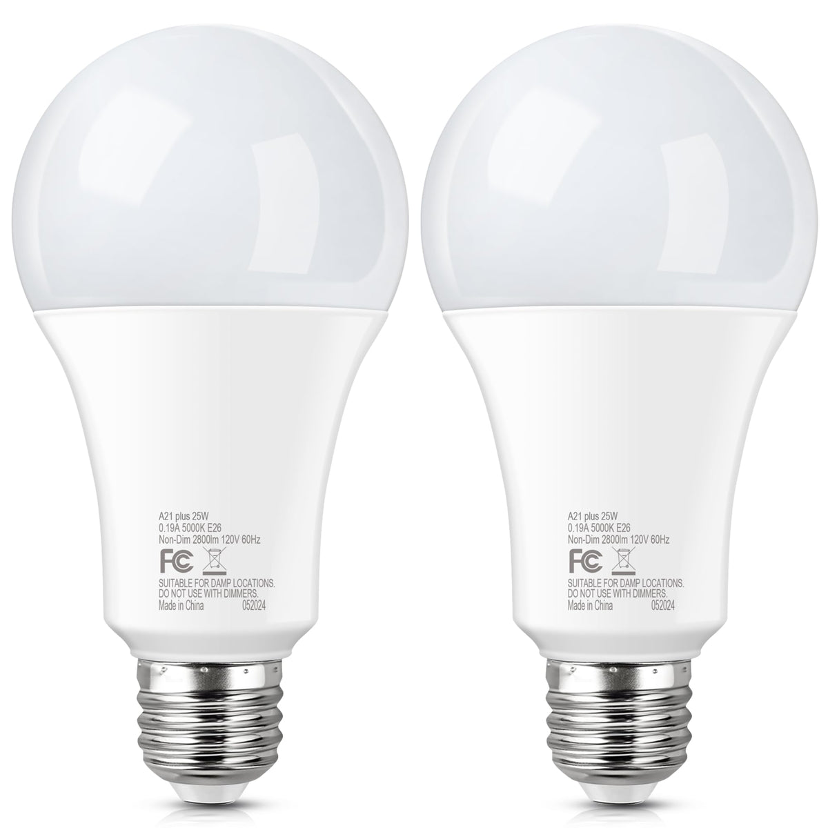 200-250W Tilsvarende LED Lysbomber, 25W Klar Hvid 5000K, A21 E26, 2stk