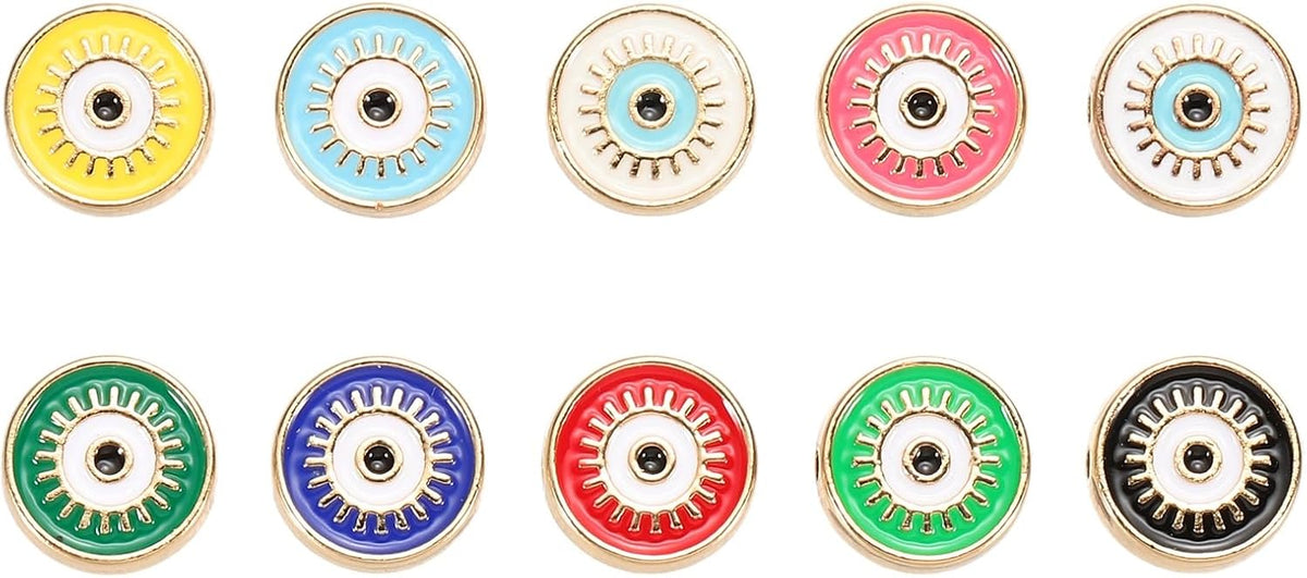 10Pcs Enamel Evil Eye Beads, 12mm Round Flat Loose Spacer Beads Metal Gold Filled Enamel Charm for Bracelet Necklace Earrings Keychain DIY Craft Making, Multicolor