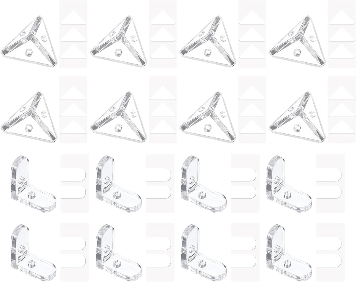 8 Set Acrylic Corner Bracket, L-Shaped Corner Connector and 3-Hole Triangle Joint Brace Brackets Transparent w/Sticker for DIY Display Box