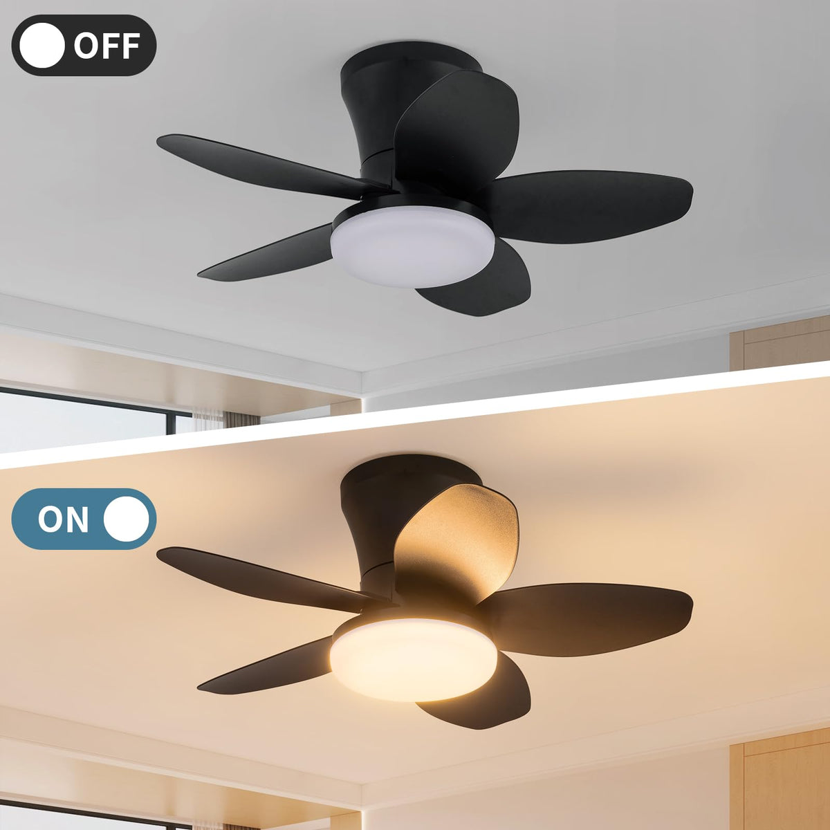 Ventilateur de plafond avec lumière, 25 pouces 5 pâles monté en flush avec télécommande
