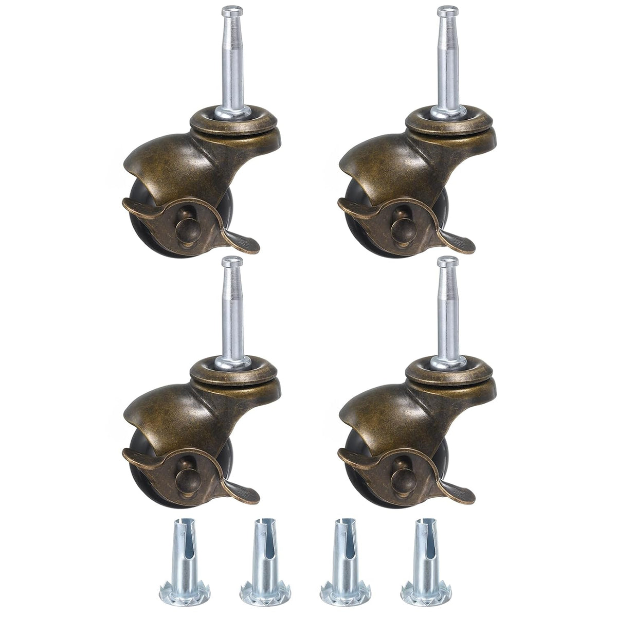 2Inch Ball Caster Wheels with Brake, Set of 4 Stem Caster with 5/16" x 1-1/2" (8x38mm) Stem, Caster Wheels for Furniture, Bronze Tone