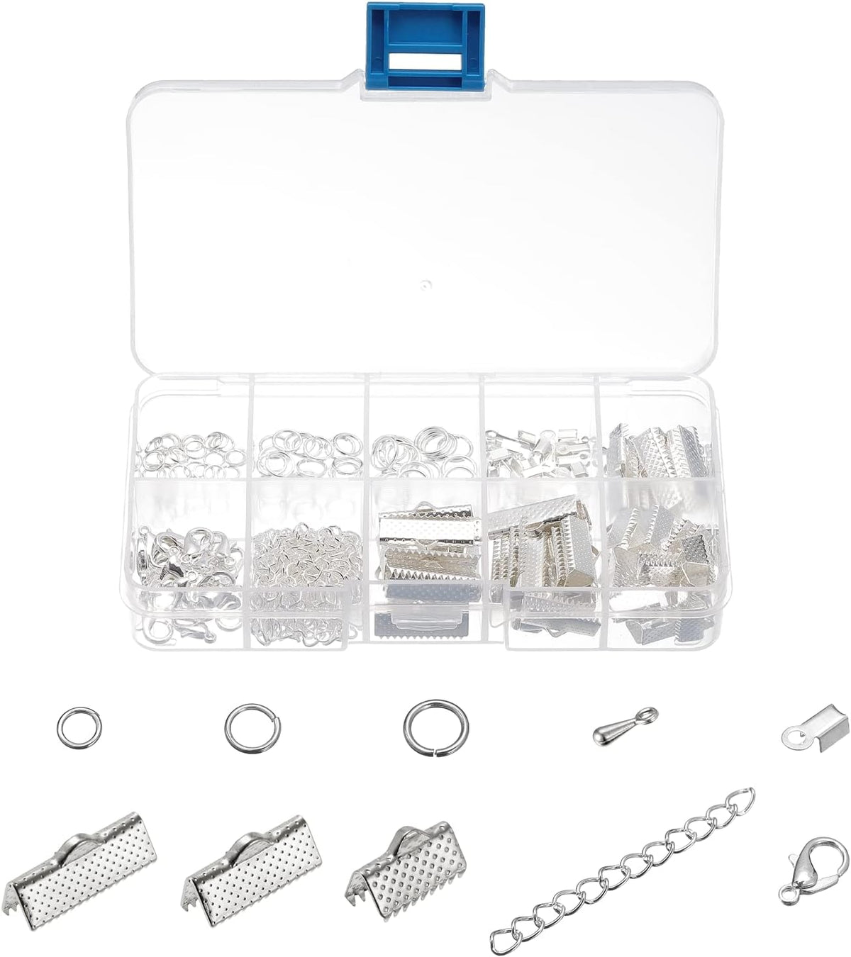 Jewelry Findings Kit, 3Sizes Ribbon Crimp Clasp End, 3mm Fold Over Cord Ends with Lobster Claw Clasps, Extension Chains, Jump Rings, Drop Ends for DIY Making, Silver Tone