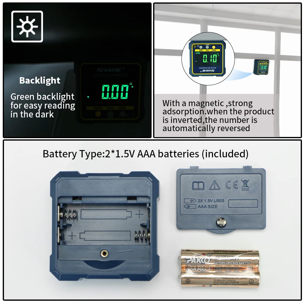 LinkMejor Digital Vinkelmåler Magnetisk Kompass Inclinometer Niveau Vinkelfinder Vinkelblok Niveauboks med Magnetisk Basis og Baglys