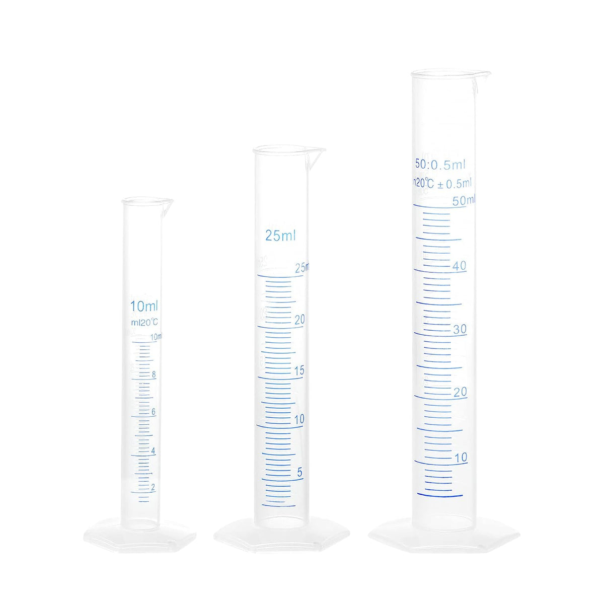 Plastic Graduated Cylinder, 10ml 25ml 50ml Measuring Cylinder, Double-Sided Metric Marking, Clear Hex Base, 3 in 1 Set