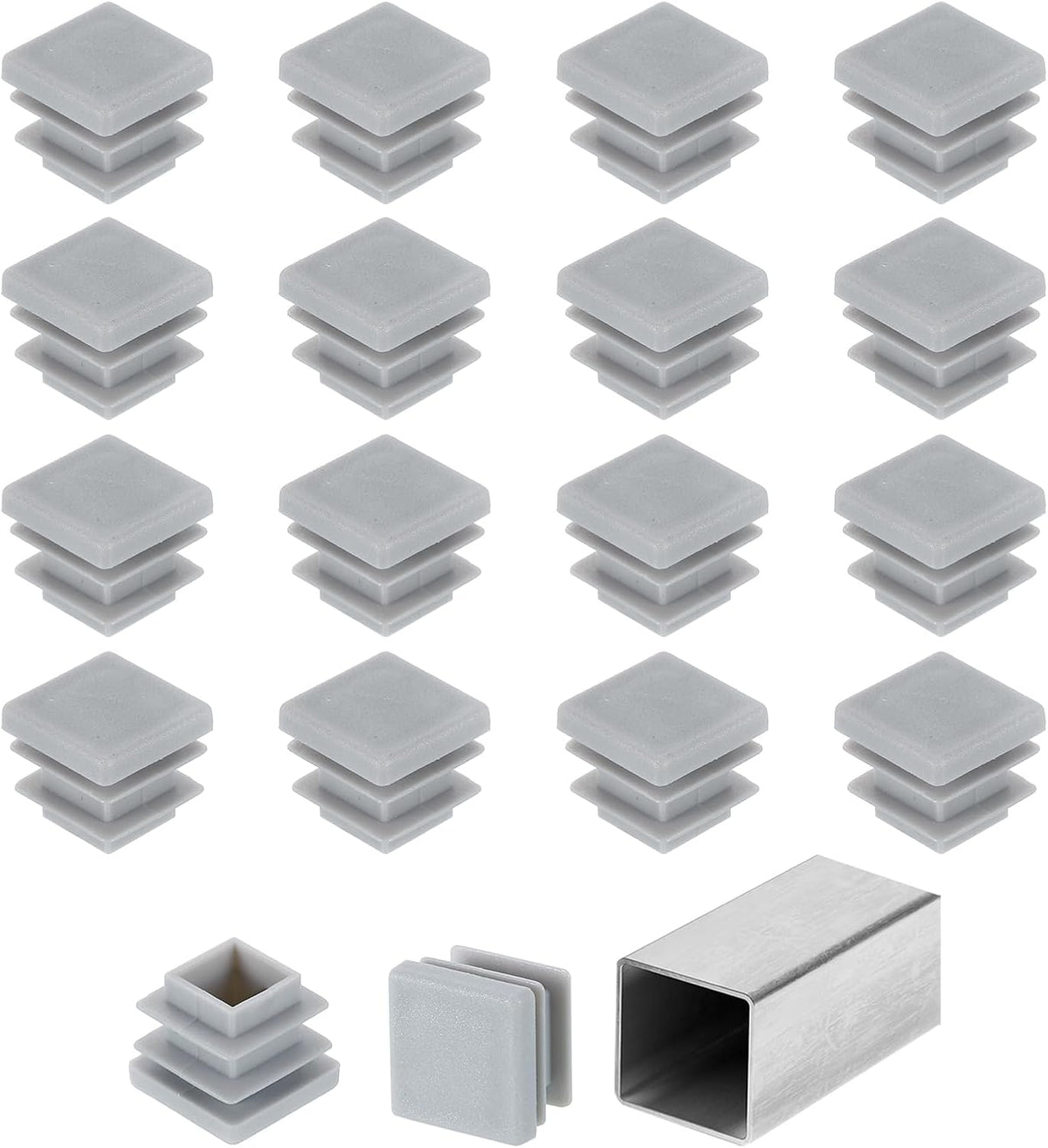 5/8" (16mm) Square Tubing End Caps, 32 Pcs Plastic Hole Plugs Insert End Cap for Metal Tubing Post Chair Leg Table Bookshelves Furniture, Grey