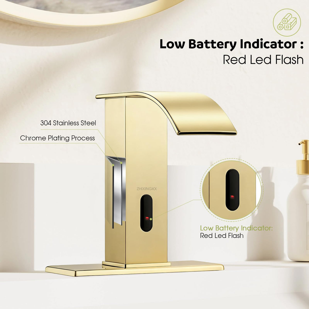 LinkMejor Rubinetto da Bagno Senza Contatto con Getto a Cascata, Rubinetto da Lavabo Senza Mani Automatico con Copri Foro, Rubinetto da Lavabo Senza Mani in Acciaio Inox (Regolare, Oro)