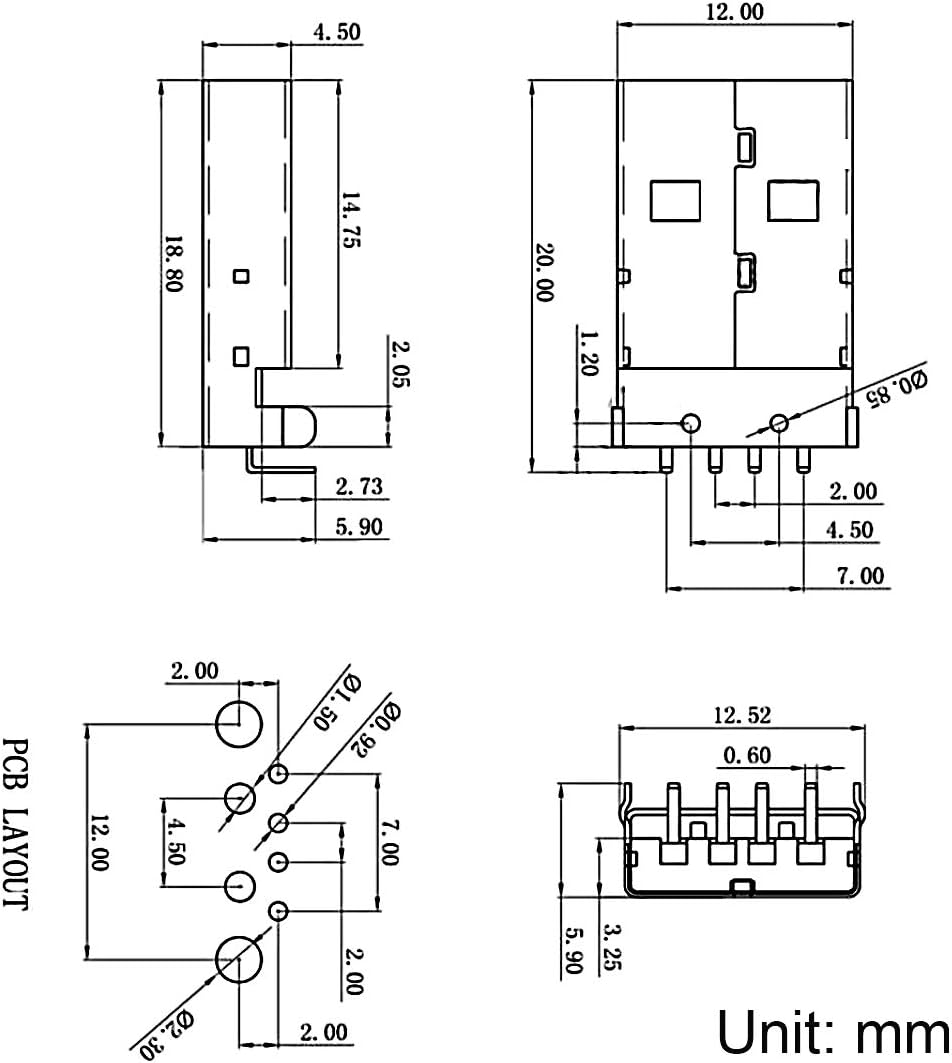 PCB USB Connector A Type 2.0 Male Jack 90 Degree Bend Foot 20Pcs