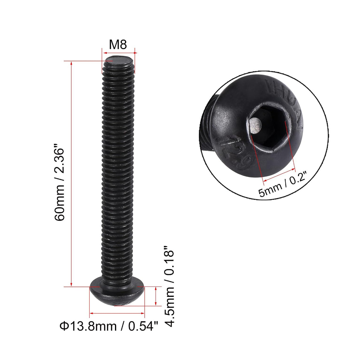 M8x55mm Hex Soket Buton Kafa Çaplı Trenkliler Karbon Çelik 10adet