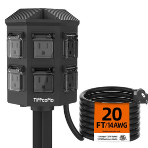 LinkMejor Strip de alimentare Outdoor cu Stâlp Ignisoprt, 20 FT Cablu de Extindere, 6 Ieșiri cu Pământ pentru Luminile Outdoor, 14 AWG, 15A/1875W, Listat ETL
