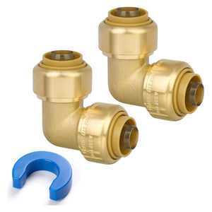 LinkMejor 1/2" 90 Degree Elbow Pushfit, Push to Connect Brass Plumbing Fitting for Copper, CPVC, PEX Pipe, Brass Pex Fitting with Upgraded Stiffener, Disconnect Clip Included, NSF & UPC Certified, 2