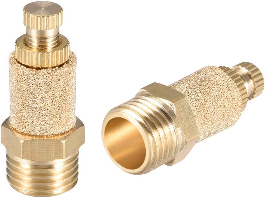 Brass Exhaust Muffler, G1/4 Male Thread 33/64" Hex Top Adjustable Sintered Air Pneumatic Bronze Muffler with Brass Body 2pcs