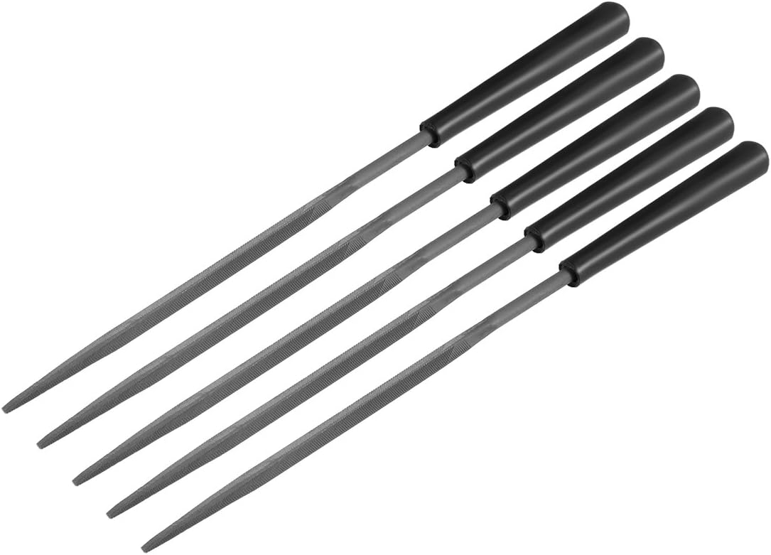 5Pcs Second Cut Steel Triangular Needle File with Plastic Handle, 3mm x 140mm