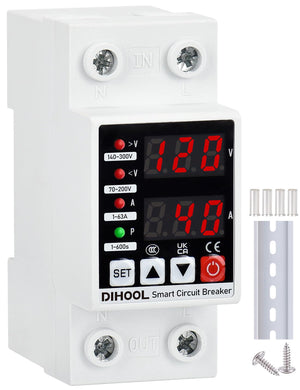 LinkMejor Adjustable Voltage Protector 110V 220V, Low/High Voltage Cutoff and Overcurrent Protection, 70-200V Undervoltage, 140-300V Overvoltage, 1-63A Smart Circuit Breaker AC Disconnect, DIN Rail