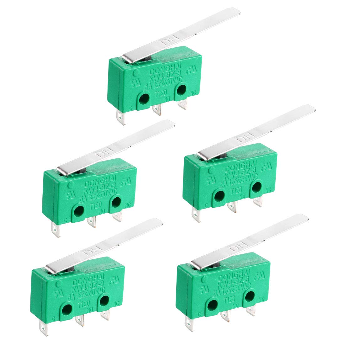 5PCS KW4-3Z-3 5A125/250VAC Micro Limit Switch SPDT NO NC 3 Terminals Momentary Long Hinge Lever Green