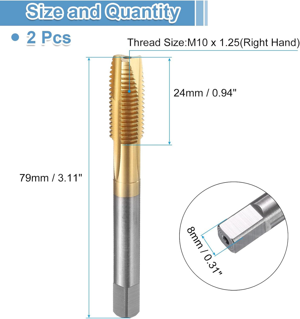 2pcs Toupie à Point Spirale, Vis Filetée M10 x 1.25 Titan Recouvert, Outil de Tournage et Tissage pour Machine à Fraiser, Acier à Haute Vitesse 6542 (HSS 6542)