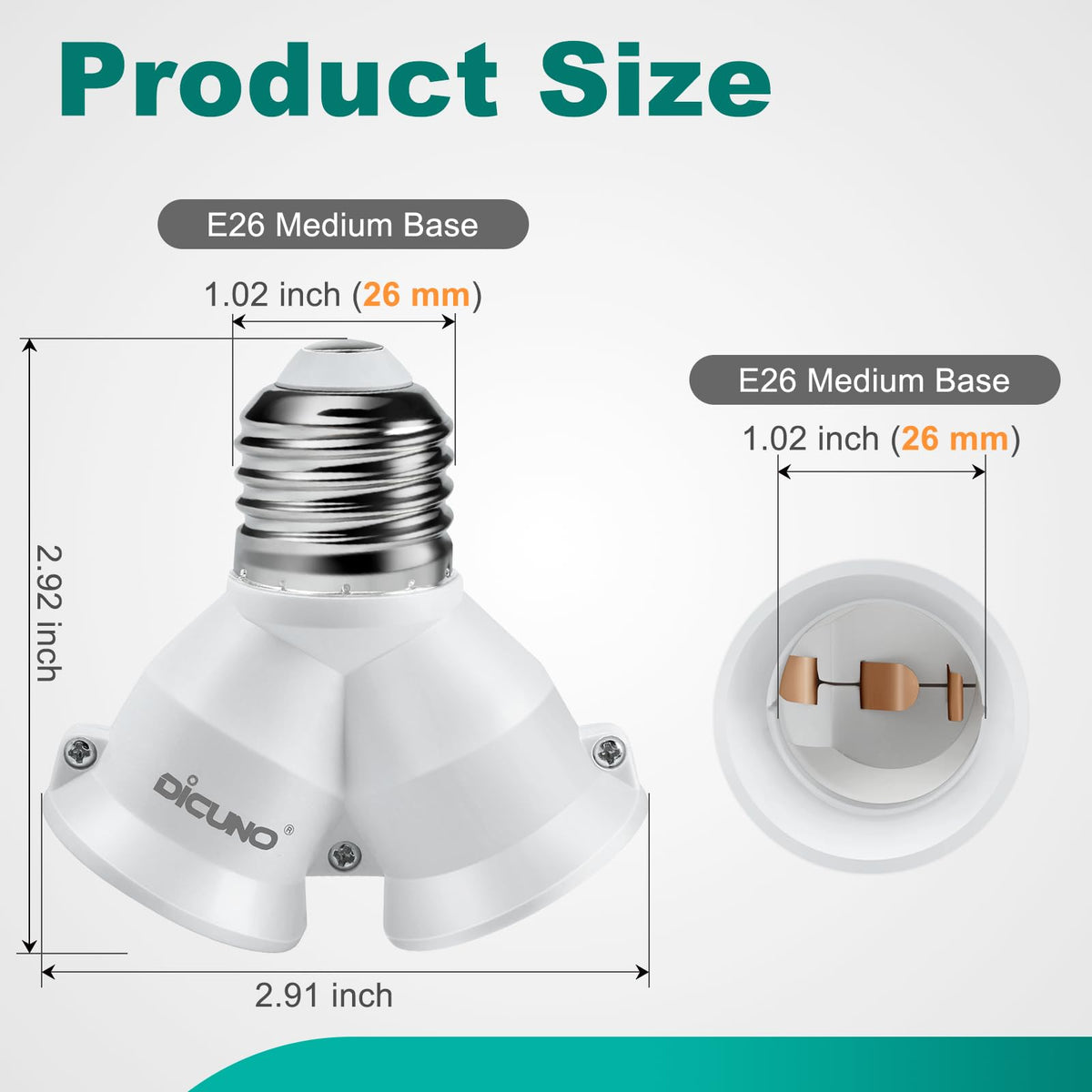 LinkMejor 2 in 1 E26 Socket Splitter Adapter, Light Socket Splitter, 2-Pack
