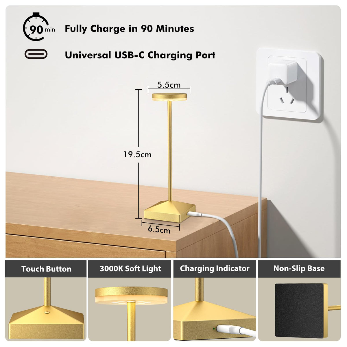 LinkMejor 3 Pack Liten Gull Ladbare Trådløs Bordlampe Dimbar