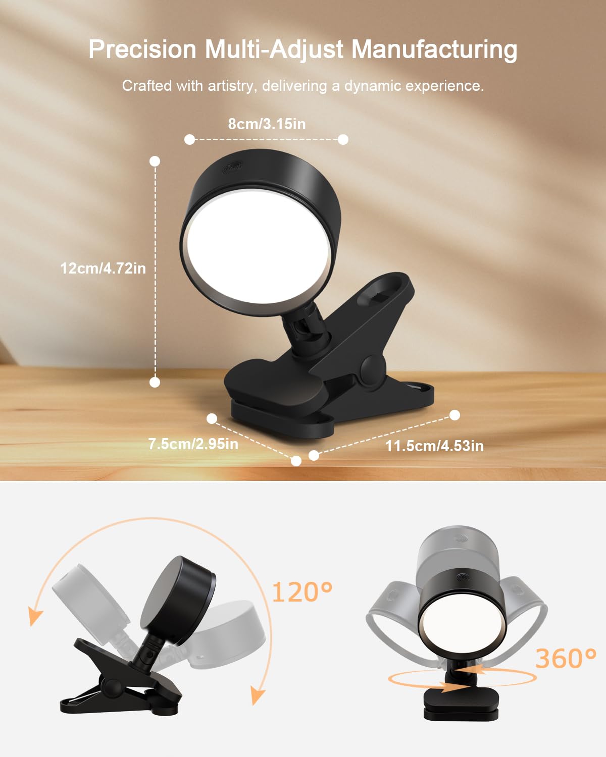 Klip på lampa 5000mAh, återstyrbar batteri, klampbrugte lampa til seng