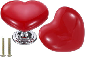 2 Packs Ceramic Drawer Knobs, Heart-Shaped Dresser Pulls, Decorative Drawer Knobs with M4 x 25mm Screw for Cupboard Wardrobe, Red/Silver