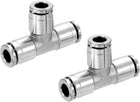 Push Fit Tee Pipe Fitting, 1/4" x 1/4" x 1/4" 3 Way T-Connector Fitting Coupler Adapter for Pneumatic Air Conditioner, Silver 2pcs