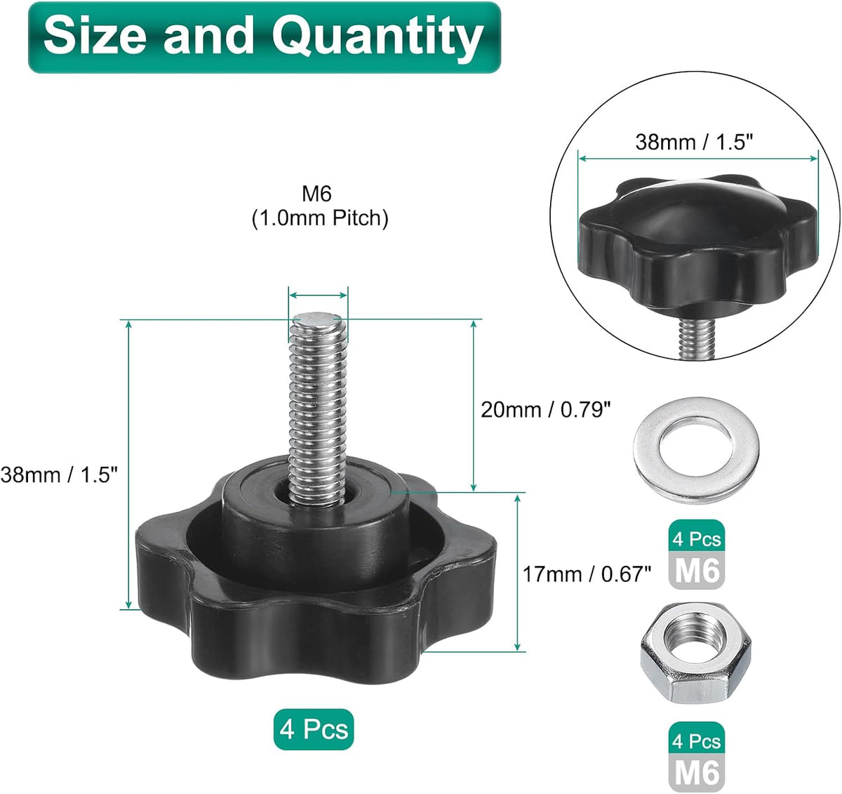 4pcs Viti di bloccaggio a stella con bulloni e rondelle, M8 x 45mm Acciaio inossidabile metrico 304 Maschio Tratto 38mm Testa in Plastica a 6 Stelle, Viti filettate Maniglie a Mano, Viti a Serraggio, Nero