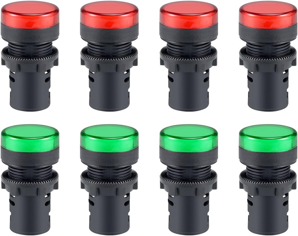 8Pcs Red Green Indicator Light AC/DC 110V, 22mm Panel Mount, for Electrical Control Panel, HVAC, DIY Projects