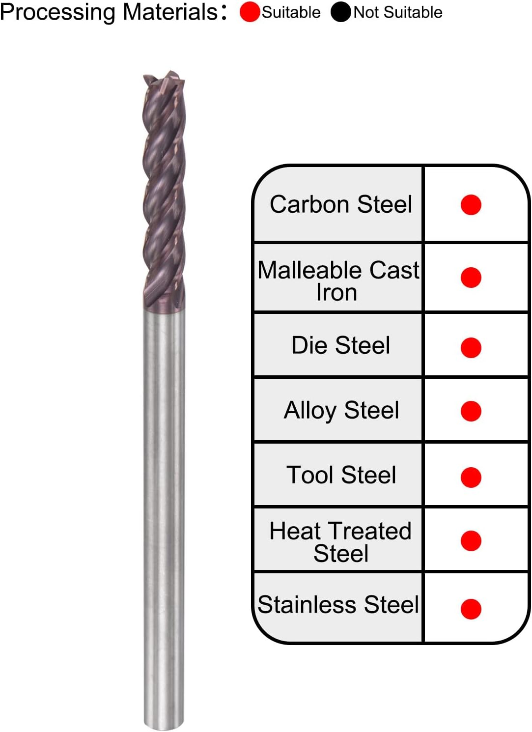 Fresa de Bico Quadrado, Diâmetro de 2,5mm, Carbide Sólido, Revestido com AlTiN, Bocas de 4, Cuscal Espiralado, Cortador de Fresa, HRC55, Com Cabo de 4mm e Comprimento de 50mm (2 polegadas)