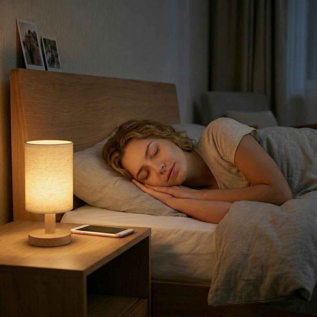 Liten sängbordslampa, USB-driven, Träbas & Tygskärm, Warmskt ljus
