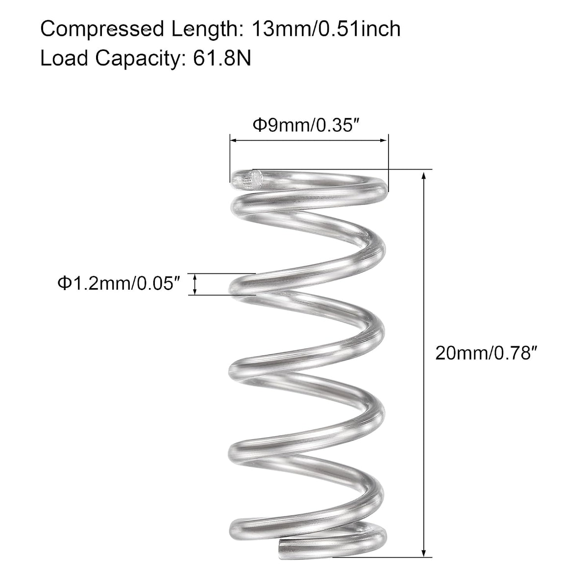 Kompressionsfeder, 304 Edelstahl, 9mm OD, 1.2mm Drahtgröße, 9mm Komprimierte Länge, 35mm Frei Länge, 61.8N Tragfähigkeit, Silberton, 10pcs
