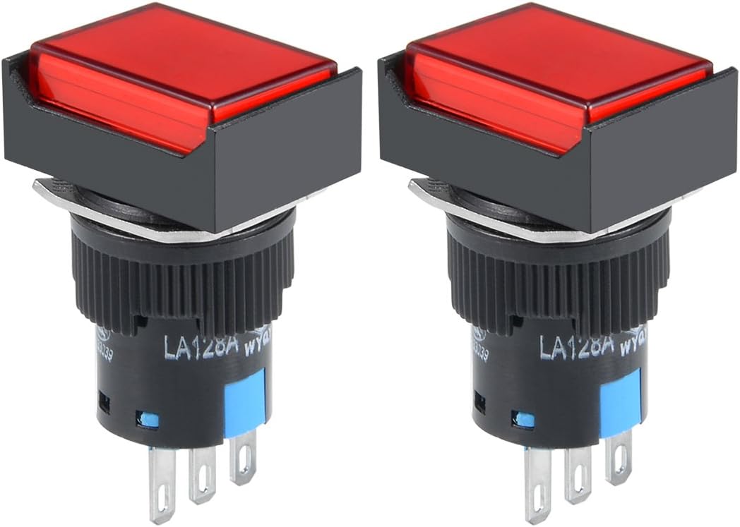 2Pcs 16mm Latching Push Button Switch Red Rectangular Button DPST 1 No 1 NC